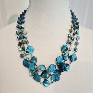 NY & Co. Bright Turquoise  Necklace Multi Strand Beaded Shell Layered Adjustable